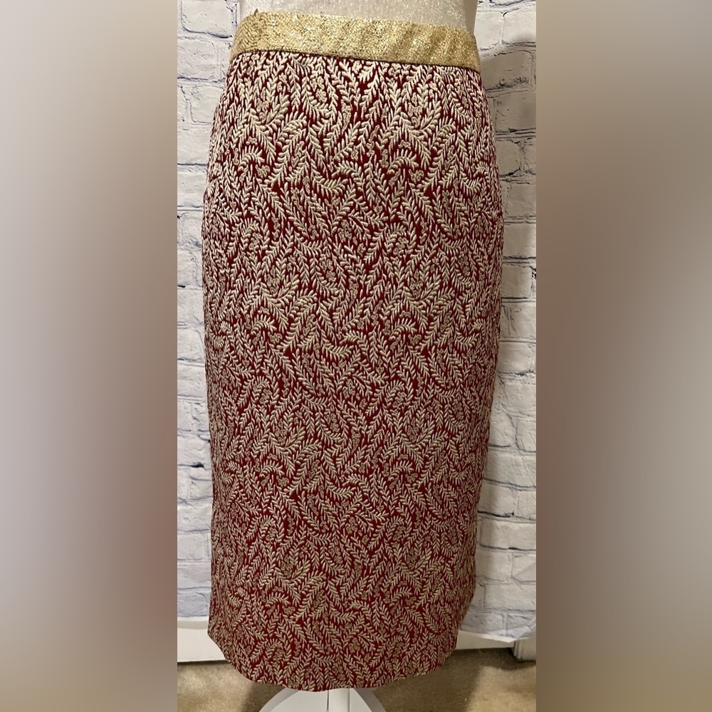 Vera Wang Red And Gold Metallic Pencil Skirt Size 4